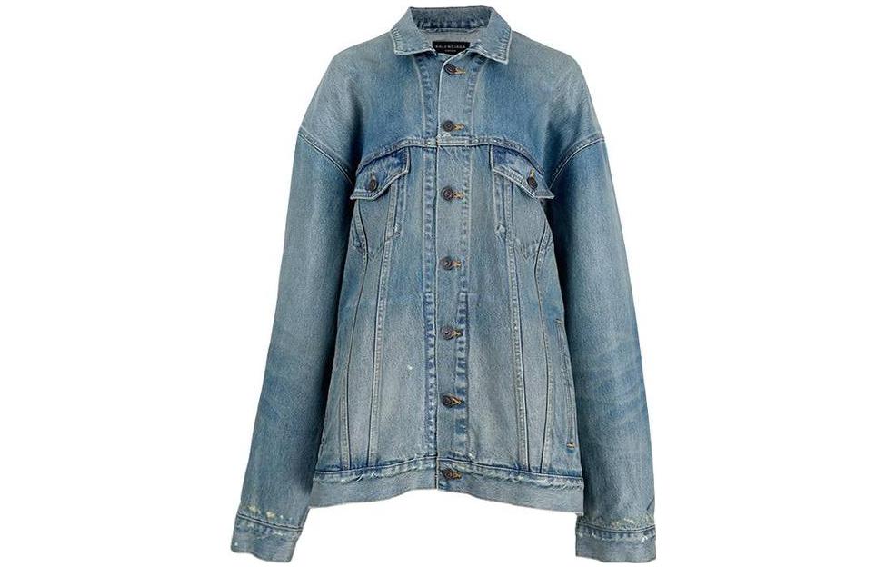 (Women) Balenciaga SS23 Distressed Long Sleeve Denim Jacket Women’s Blue. 721709TNW604268
