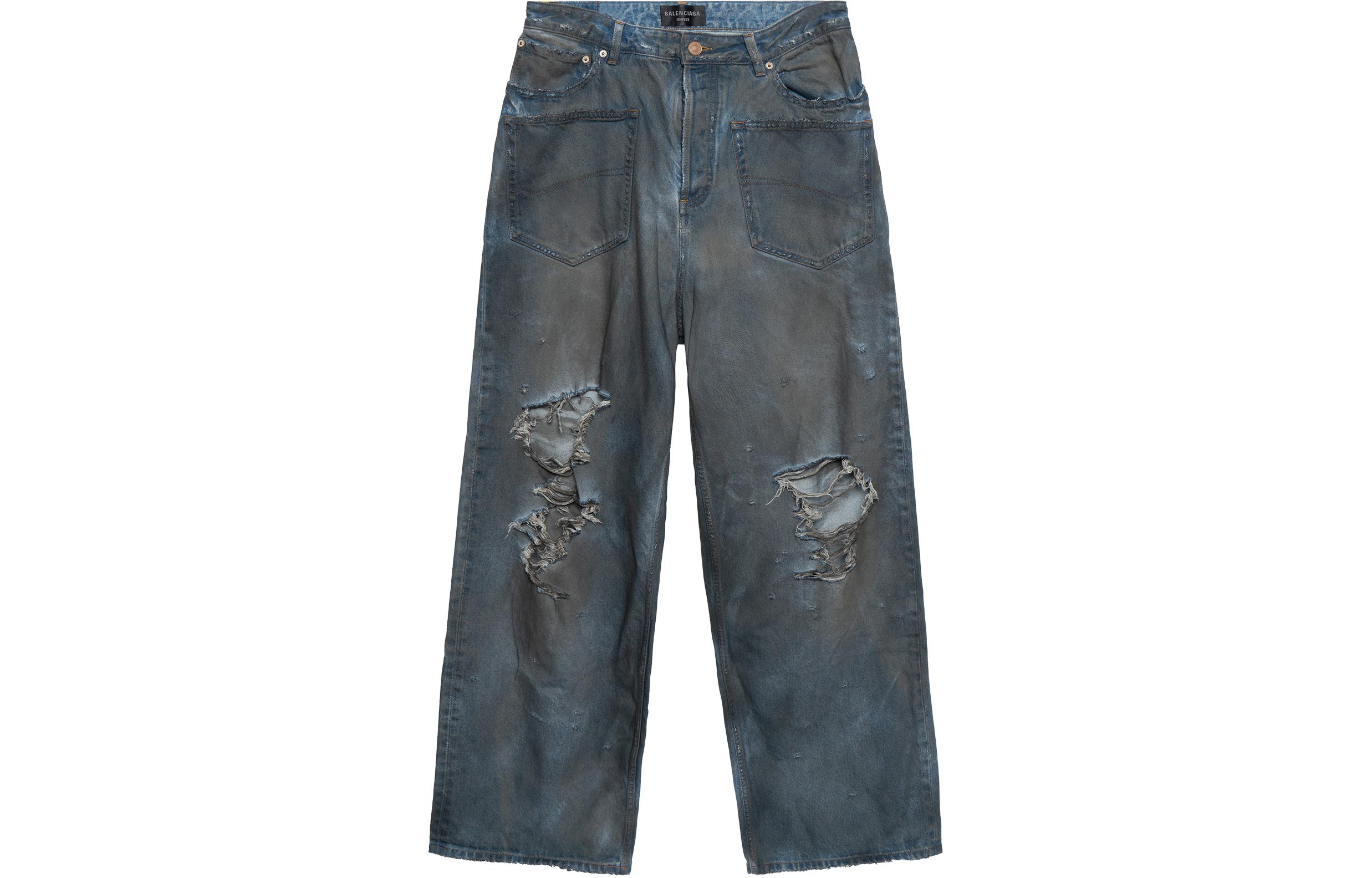 (Women) Balenciaga SS23 Distressed Loose Fit  Blue Denim Jeans with Side Pockets. 751111TDW143359