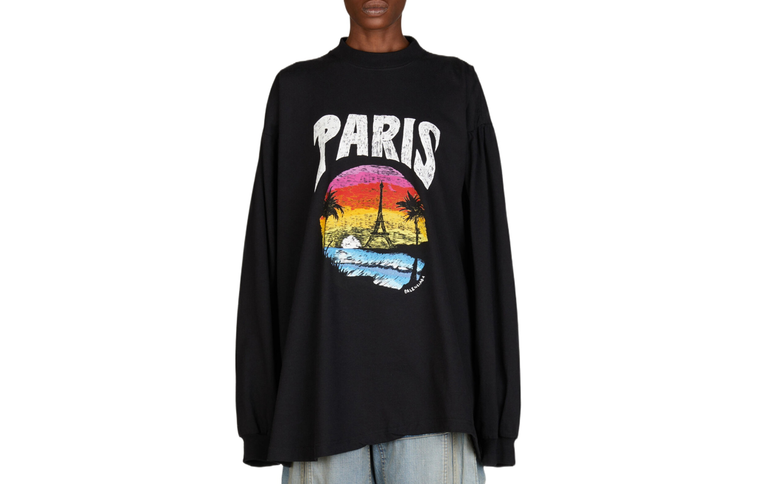 (Women) Balenciaga SS24  Black Scenic Letter Print Oversized Long Sleeve T-Shirt. 772208TPVL91070