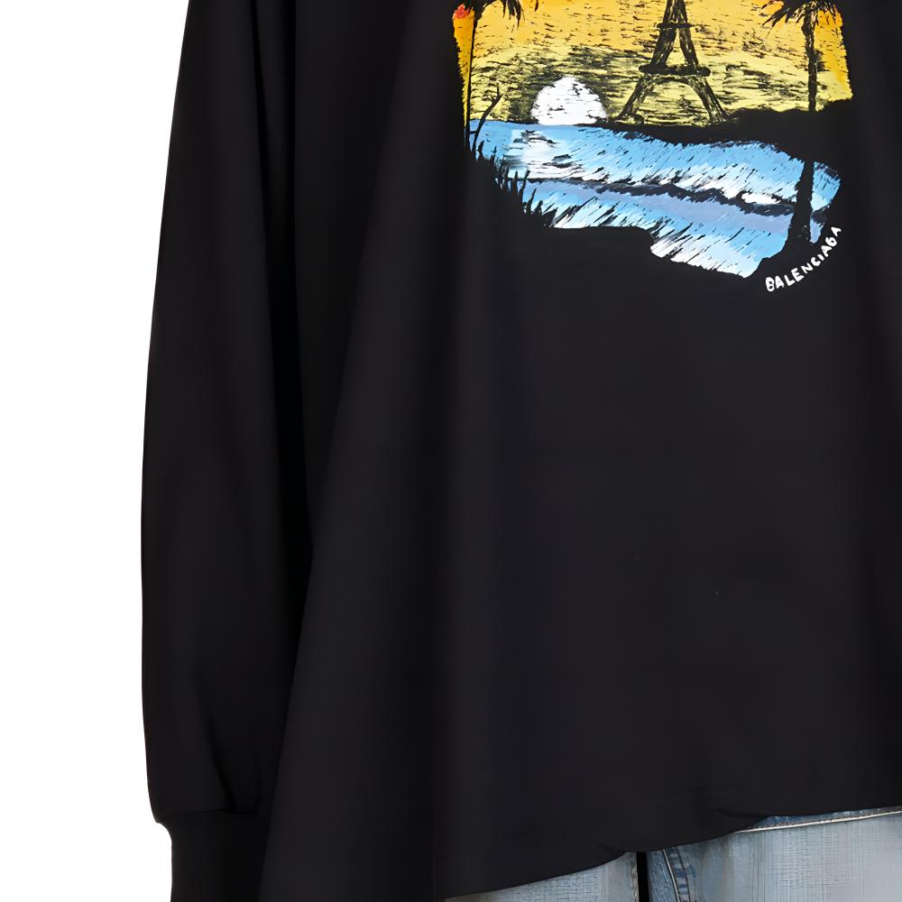 Sizing (W) バレンシアガ SS24 ブラック シーニック レター オーバーサイズ 長袖 Tシャツ 772208TPVL91070