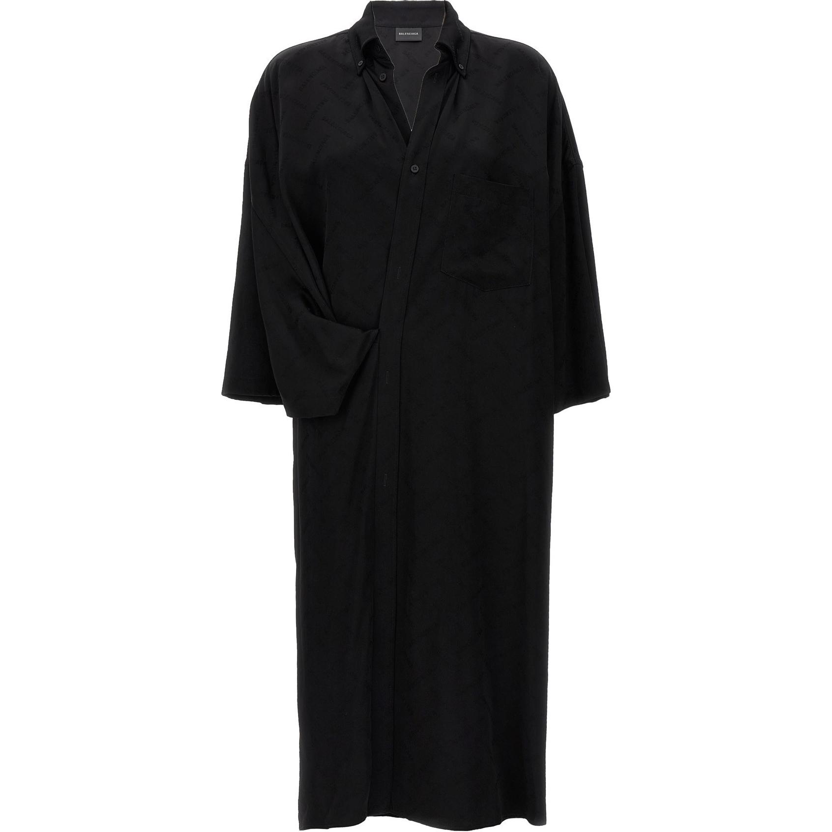 (Women) Balenciaga SS24  Black V-Neck Long Sleeve Dress Regular Fit. 790656TQO151000