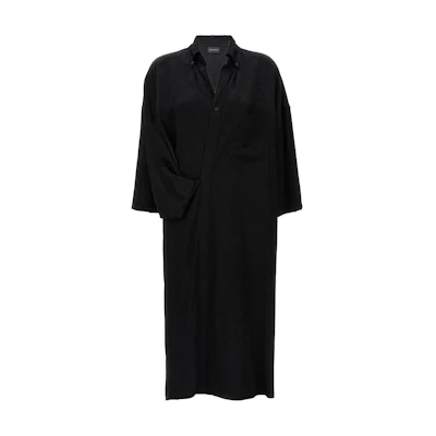 (Women) Balenciaga SS24 Black V-Neck Long Sleeve Dress Regular Fit. 790656TQO151000