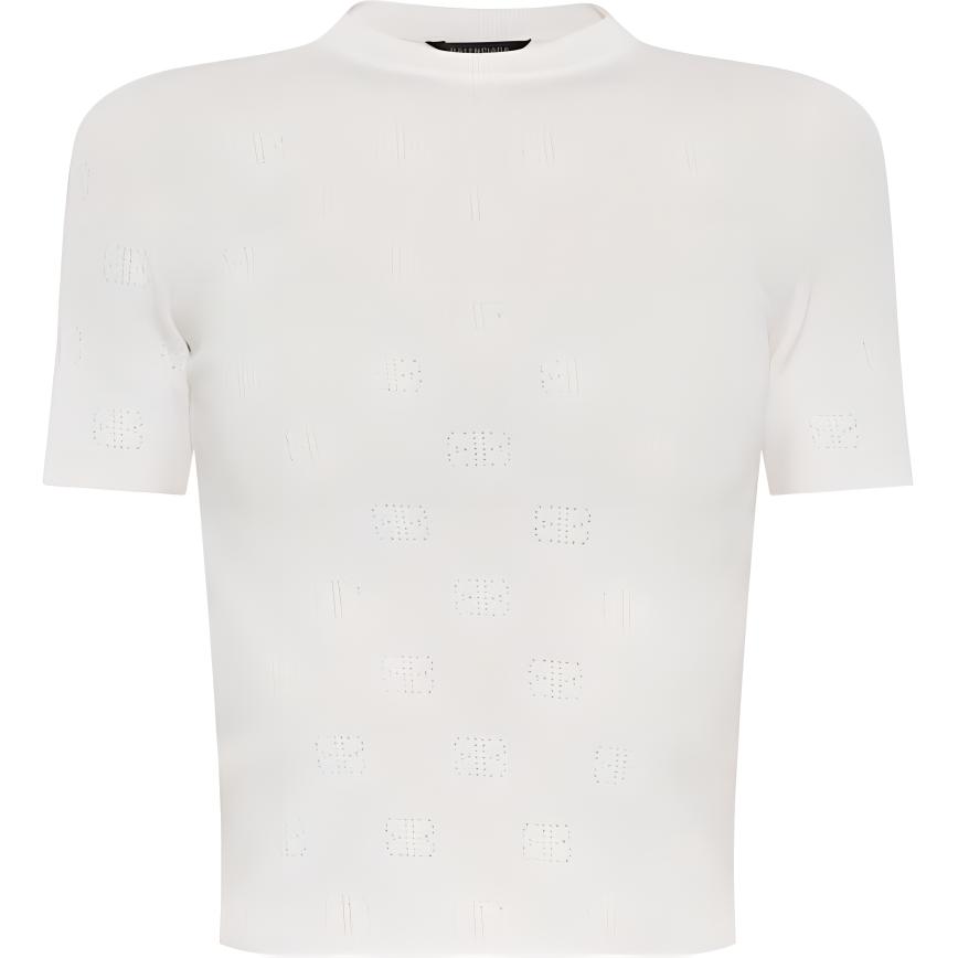 (Women) Balenciaga SS24  White Short Sleeve Knit Top with Letter Pattern. 793612T5215