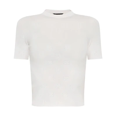 (Women) Balenciaga SS24 White Short Sleeve Knit Top with Letter Pattern. 793612T5215