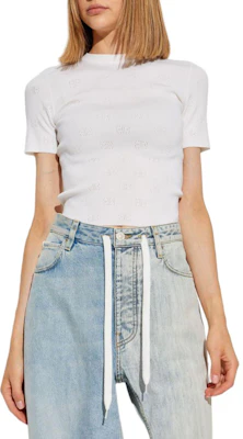 (W) 발렌시아가 SS24 화이트 레터 패턴 니트 반팔 탑. 793612T5215 Lookbook (W) 발렌시아가 SS24 화이트 레터 패턴 니트 반팔 탑. 793612T5215