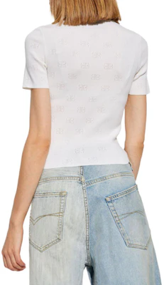 (W) 발렌시아가 SS24 화이트 레터 패턴 니트 반팔 탑. 793612T5215 Shop (W) 발렌시아가 SS24 화이트 레터 패턴 니트 반팔 탑. 793612T5215