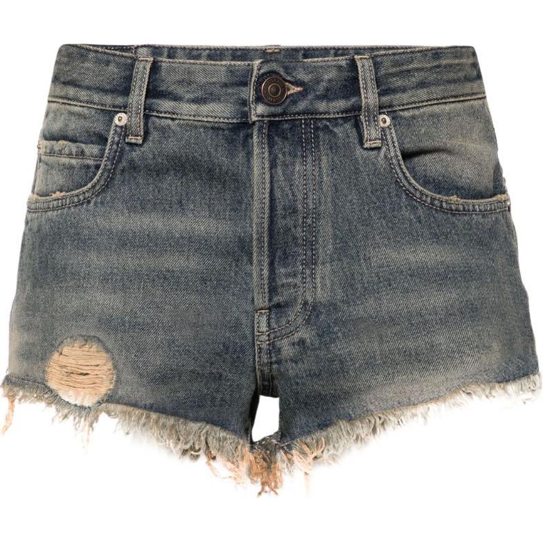 (Women) Balenciaga SS24 Distressed Logo Patch Denim Shorts Slim Fit Women’s Mid Blue. 793948TJW952204