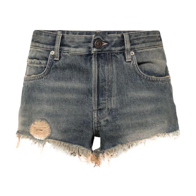 (Women) Balenciaga SS24 Distressed Logo Patch Denim Shorts Slim Fit Women’s Mid Blue. 793948TJW952204
