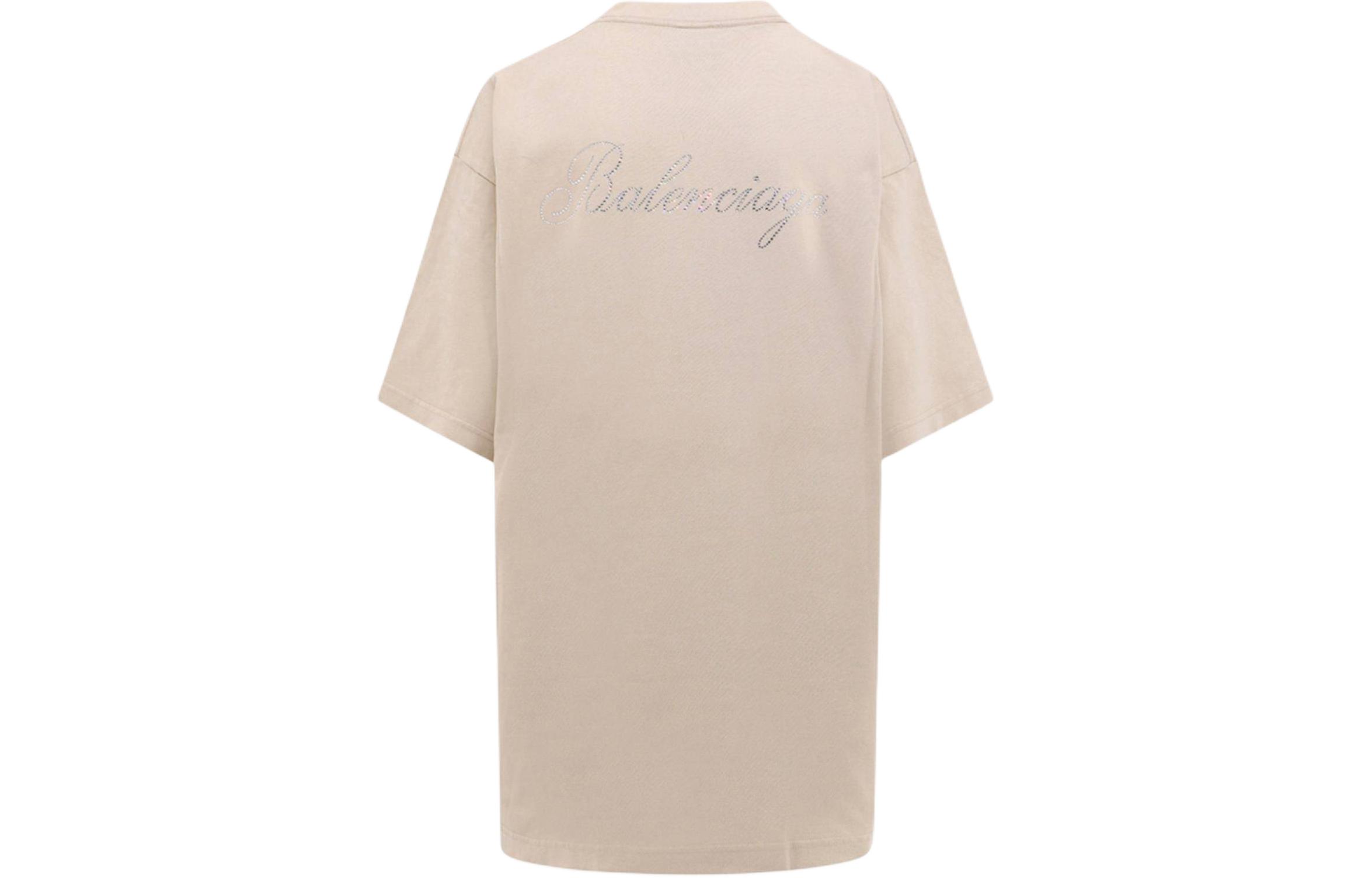 Lookbook (Women) Balenciaga SS24 Rhinestone Logo Loose Fit Beige Crewneck T-Shirt Women 641655TPVP79710