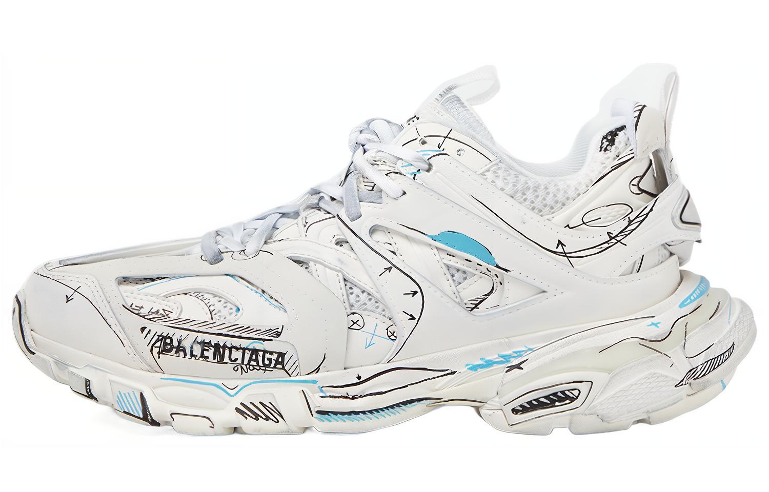 (Women) Balenciaga Track 1.0 Sneakers Blue Mesh and Nylon Graffiti' 'White' 542436W3SRA9014