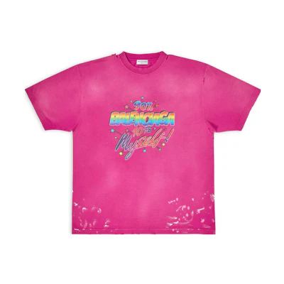 (Women) Balenciaga Washed Pink Distressed Logo Print Crewneck Casual T-Shirt Women. 641655TMVH35566