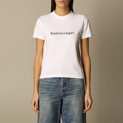 (W) Balenciaga Baju-T Leher Bulat Kapas Putih Regular. 612964TIV549040 Shop (W) Balenciaga Baju-T Leher Bulat Kapas Putih Regular. 612964TIV549040