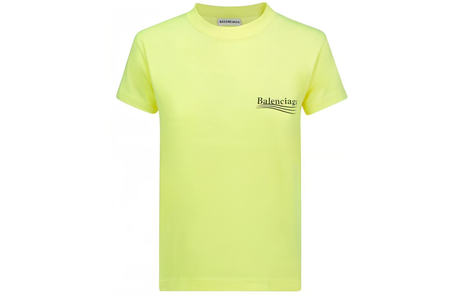 (Women) Balenciaga Yellow Logo Print Crewneck T-Shirt Regular Fit. 612964TJVF77110