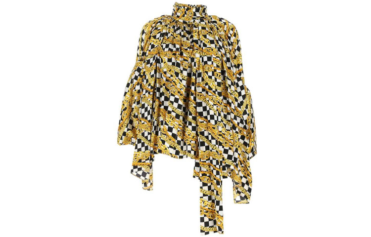 (Women) Balenciaga Yellow Silk Long-Sleeve Shirt with Unique Print. 601961TGL101070