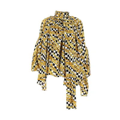 (Women) Balenciaga Yellow Silk Long-Sleeve Shirt with Unique Print. 601961TGL101070