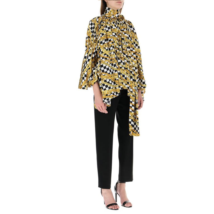 Shop (Women) Balenciaga Yellow Silk Long-Sleeve Shirt with Unique Print. 601961TGL101070