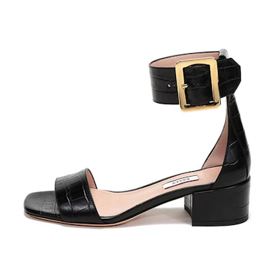 (W) BALLY Mid-Heel Leather Sandal 'Black Buckle Strap'