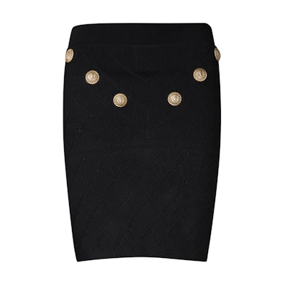 (Women) BALMAIN 6-Button Knit Skirt Black Casual Slim Short Skirt. CF1LB004-KF53-0PA