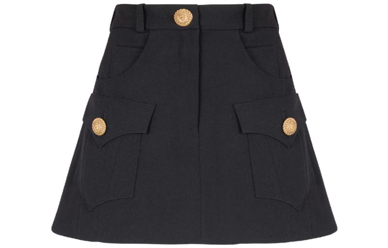 (Women) BALMAIN  Black A-Line Western Mini Skirt with Gold Button Detailing. CF1LA359-WC09-0PA