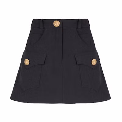 (Women) BALMAIN Black A-Line Western Mini Skirt with Gold Button Detailing. CF1LA359-WC09-0PA