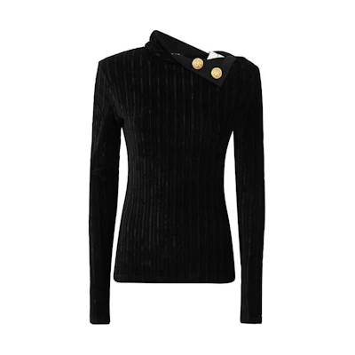 (Women) BALMAIN Black Button-Embellished Long Sleeve Sweater FW22 YF1AR255JD310PA