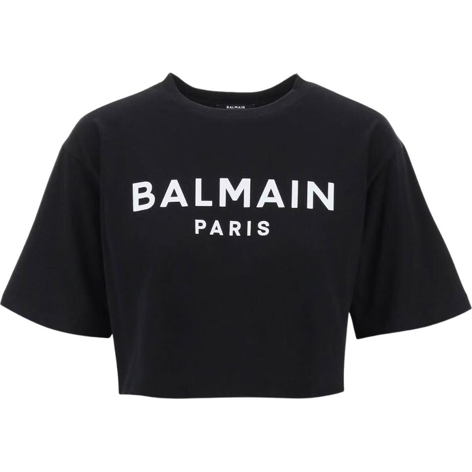 (Women) BALMAIN  Black Crewneck Short Sleeve T-Shirt with Letter Print. BF1EE020BB02-BDS