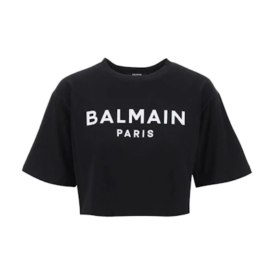 (Women) BALMAIN Black Crewneck Short Sleeve T-Shirt with Letter Print. BF1EE020BB02-BDS