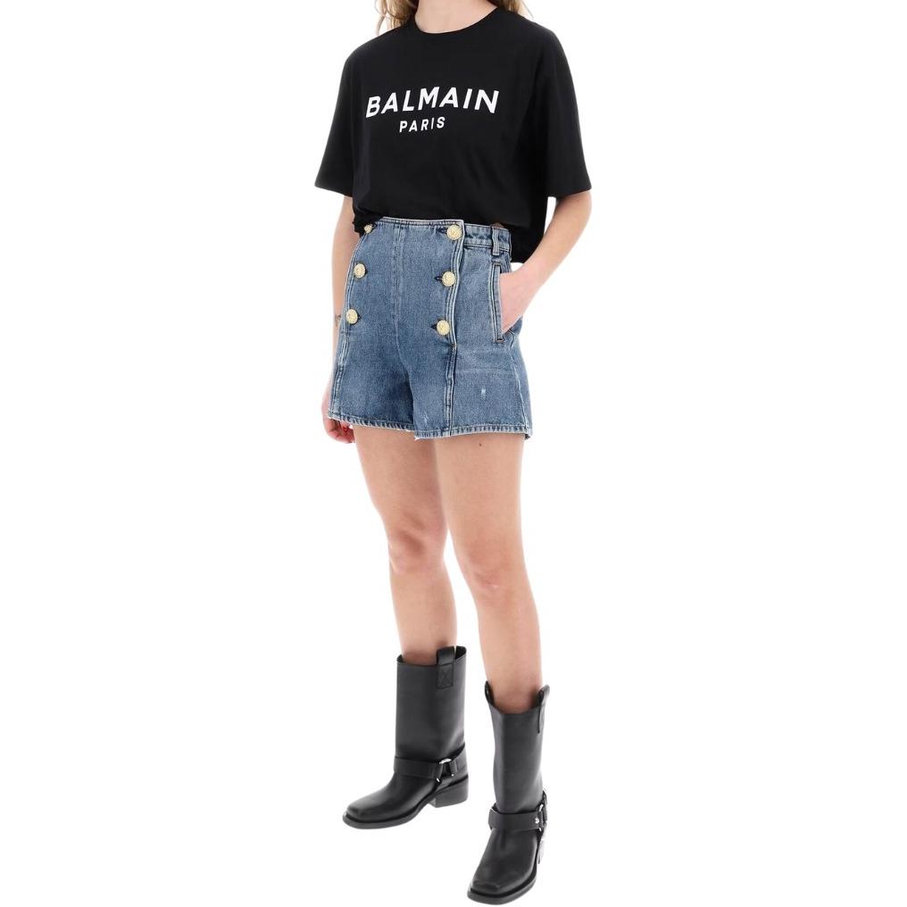 Lookbook (W) 巴尔曼 黑色字母印花短袖圆领T恤 BF1EE020BB02-BDS