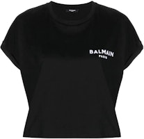 (Women) BALMAIN Black Cropped T-Shirt with Flocked Logo Design. YF1EE005BB01-EAB (Women) BALMAIN Black Cropped T-Shirt with Flocked Logo Design. YF1EE005BB01-EAB