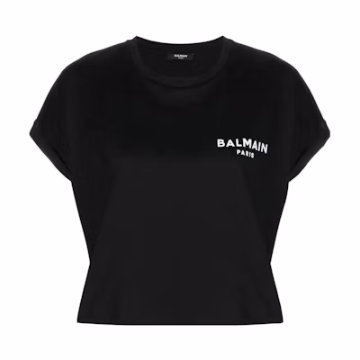 (Women) BALMAIN Black Cropped T-Shirt with Flocked Logo Design. YF1EE005BB01-EAB