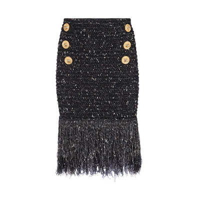 (Women) BALMAIN Black Fringed Lurex Tweed Skirt Casual Mini Skirt CF1LB049-KF46-EAD