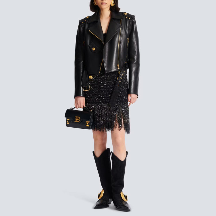 Lookbook (W) 巴尔曼 黑色流苏亮片粗花呢迷你半身裙 休闲短裙 CF1LB049-KF46-EAD