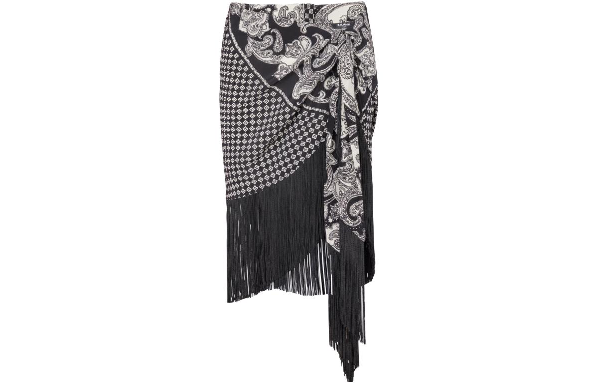 (Women) BALMAIN  Black Fringed Silk Scarf Skirt with Irregular Hem Pattern. CF1LC225-SD29-EDK