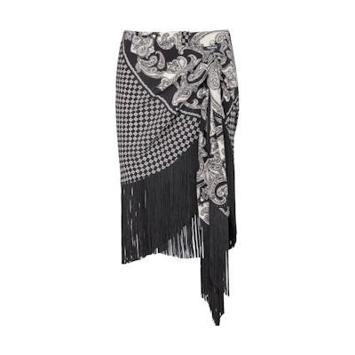 (Women) BALMAIN Black Fringed Silk Scarf Skirt with Irregular Hem Pattern. CF1LC225-SD29-EDK