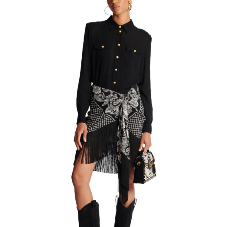 Lookbook (W) BALMAIN 黑色流蘇絲巾裙 不規則裙擺設計 CF1LC225-SD29-EDK