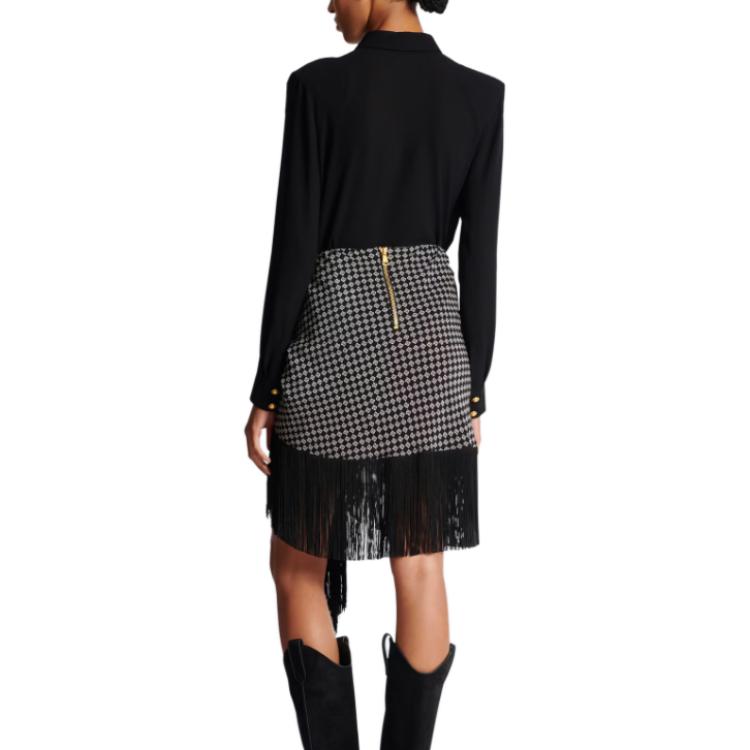 Shop (W) BALMAIN 黑色流蘇絲巾裙 不規則裙擺設計 CF1LC225-SD29-EDK