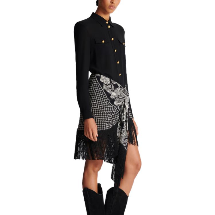 Purchase (W) BALMAIN 黑色流蘇絲巾裙 不規則裙擺設計 CF1LC225-SD29-EDK