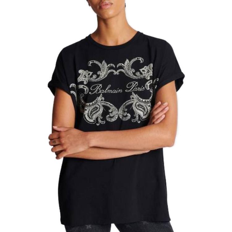 Shop (W) BALMAIN 黑色圖案印花短袖T恤 CF1EF010-GD30-EDK