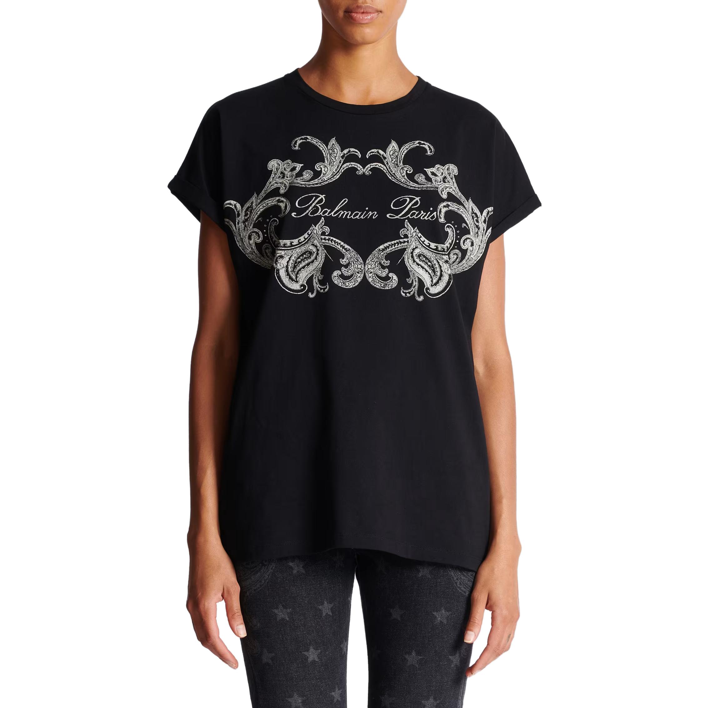 Purchase (W) BALMAIN 黑色圖案印花短袖T恤 CF1EF010-GD30-EDK