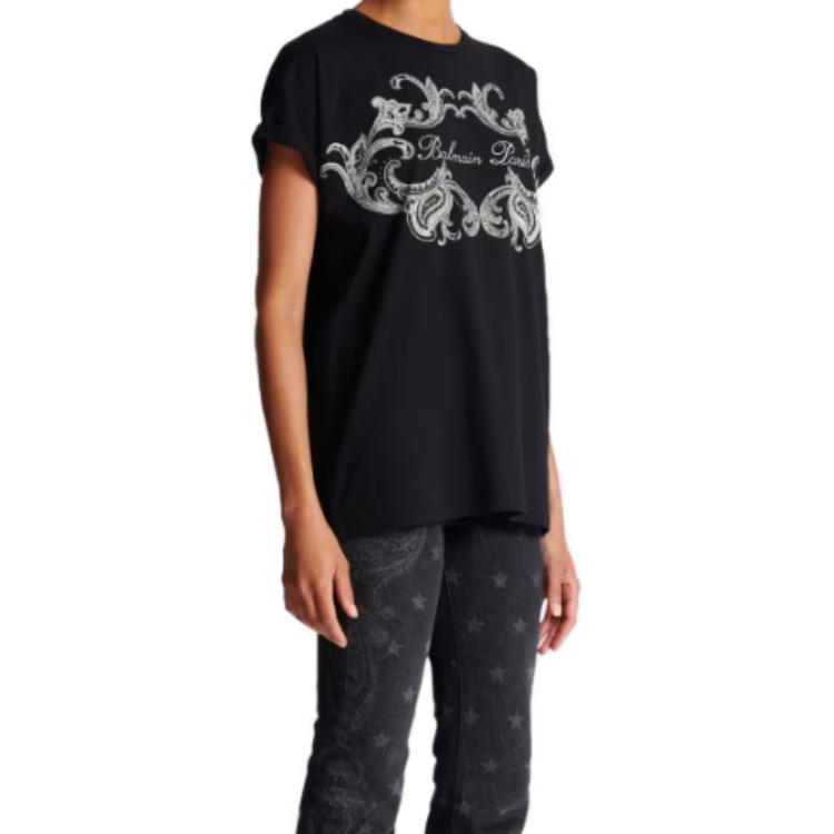 Sizing (W) BALMAIN 黑色圖案印花短袖T恤 CF1EF010-GD30-EDK