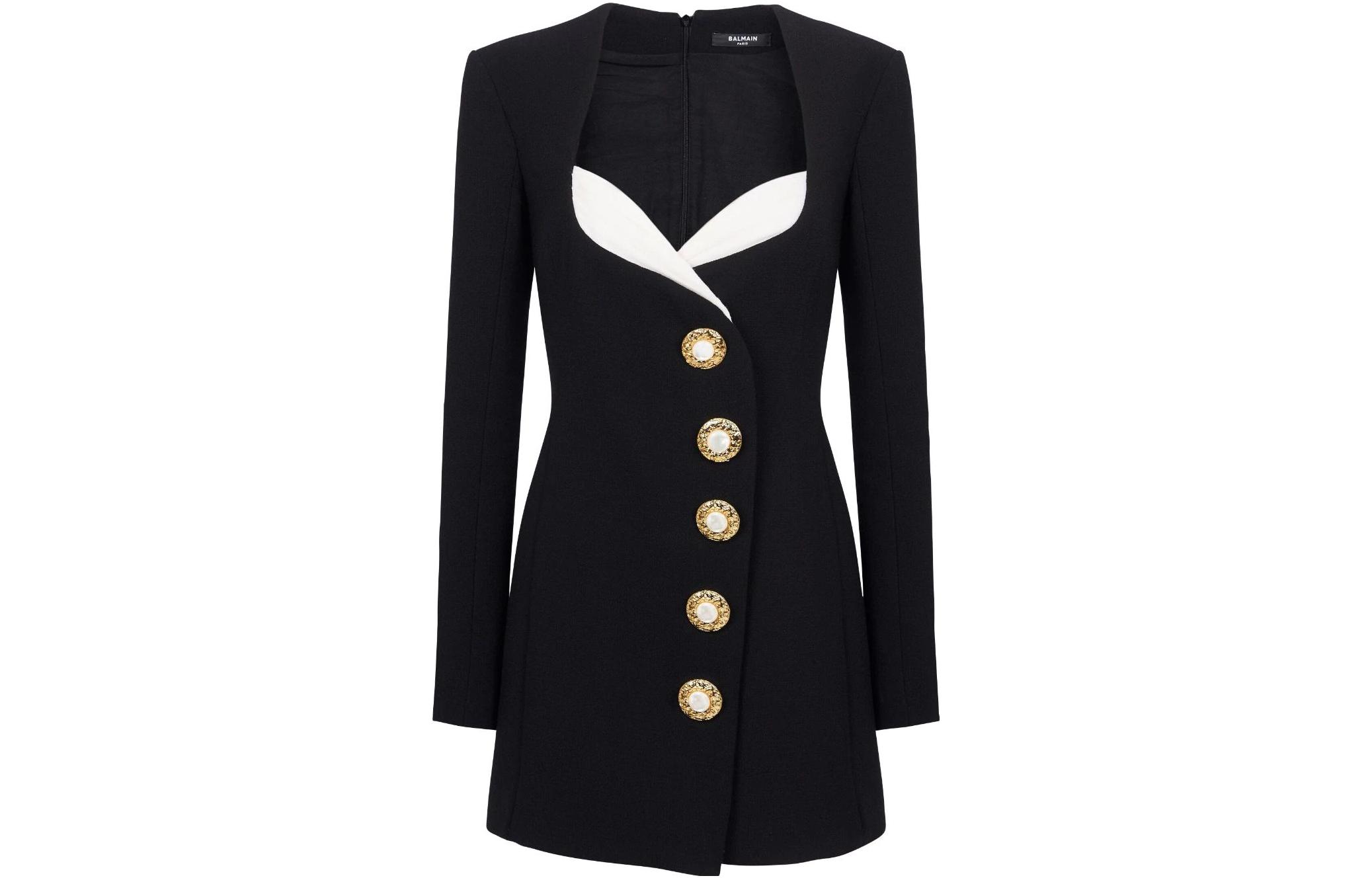 (Women) BALMAIN  Black Long Sleeve Contrast Button Zip Detail Dress. BF0R9073-WB86-EAB