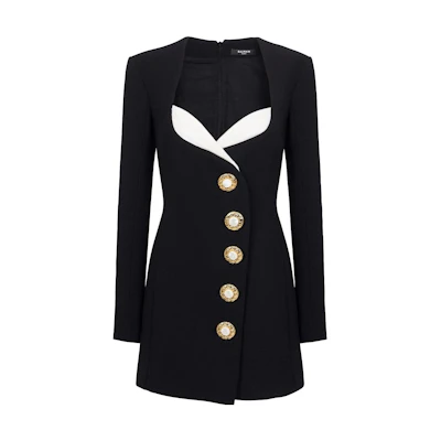 (Women) BALMAIN Black Long Sleeve Contrast Button Zip Detail Dress. BF0R9073-WB86-EAB