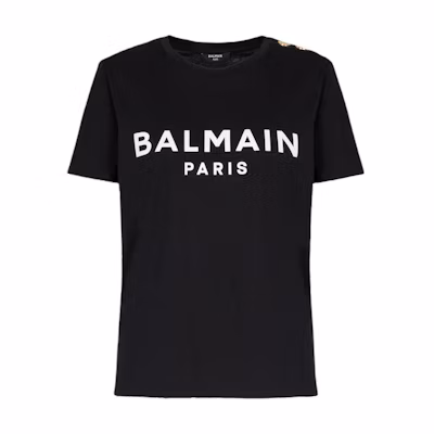 (Women) BALMAIN Black Loose Fit Letter Logo Print Crew Neck T-Shirt. BF1EF005BB02EAB