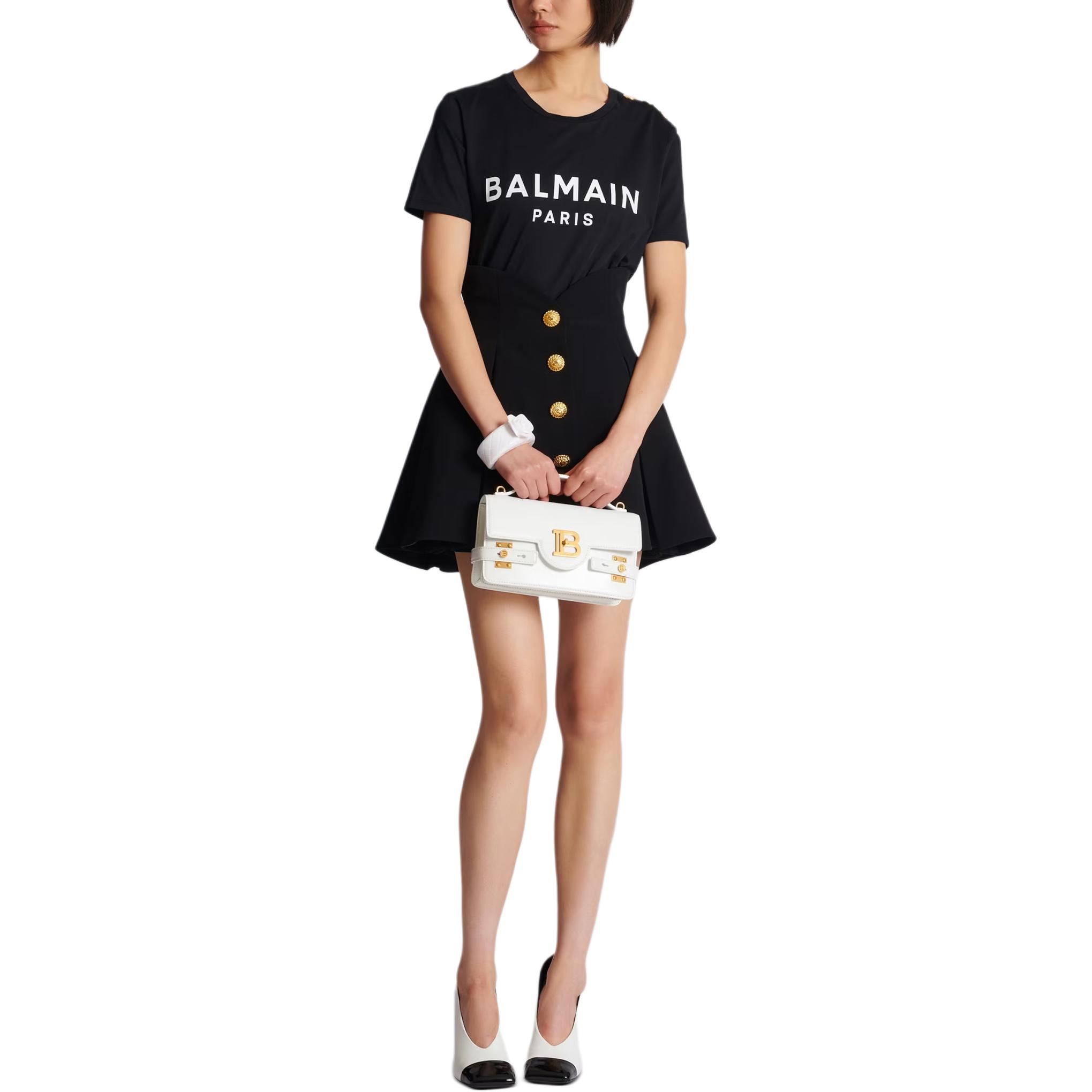 Lookbook (Women) BALMAIN  Black Loose Fit Letter Logo Print Crew Neck T-Shirt. BF1EF005BB02EAB