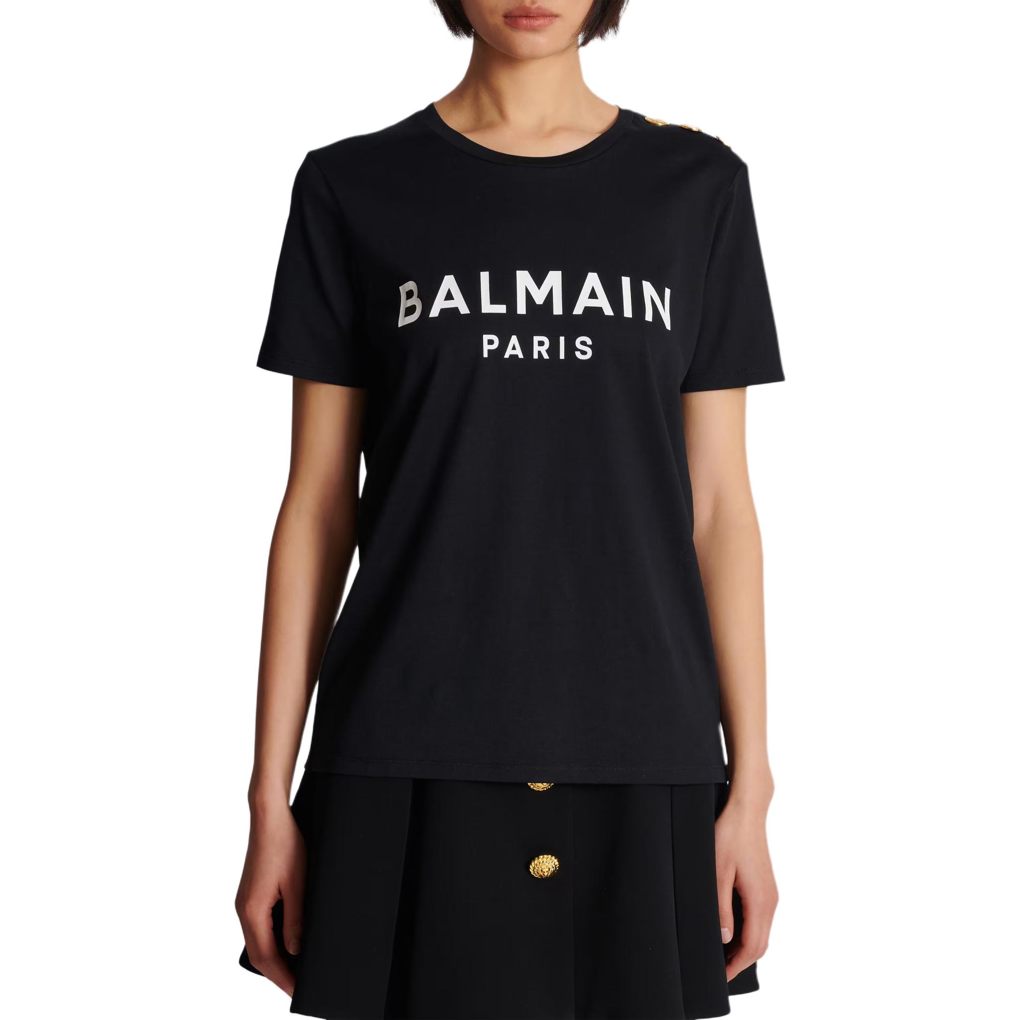 Details for (Women) BALMAIN  Black Loose Fit Letter Logo Print Crew Neck T-Shirt. BF1EF005BB02EAB
