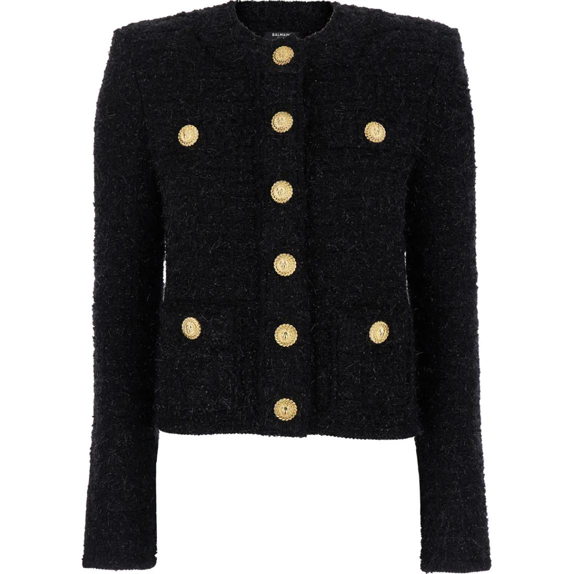 (Women) BALMAIN  Black Metallic Button Round-Neck Long Sleeve Jacket DF1SK249-KG43-0PA