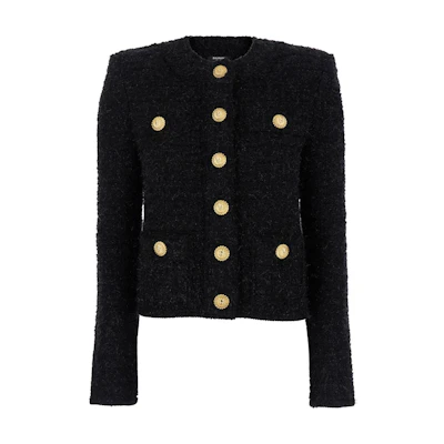 (Women) BALMAIN Black Metallic Button Round-Neck Long Sleeve Jacket DF1SK249-KG43-0PA