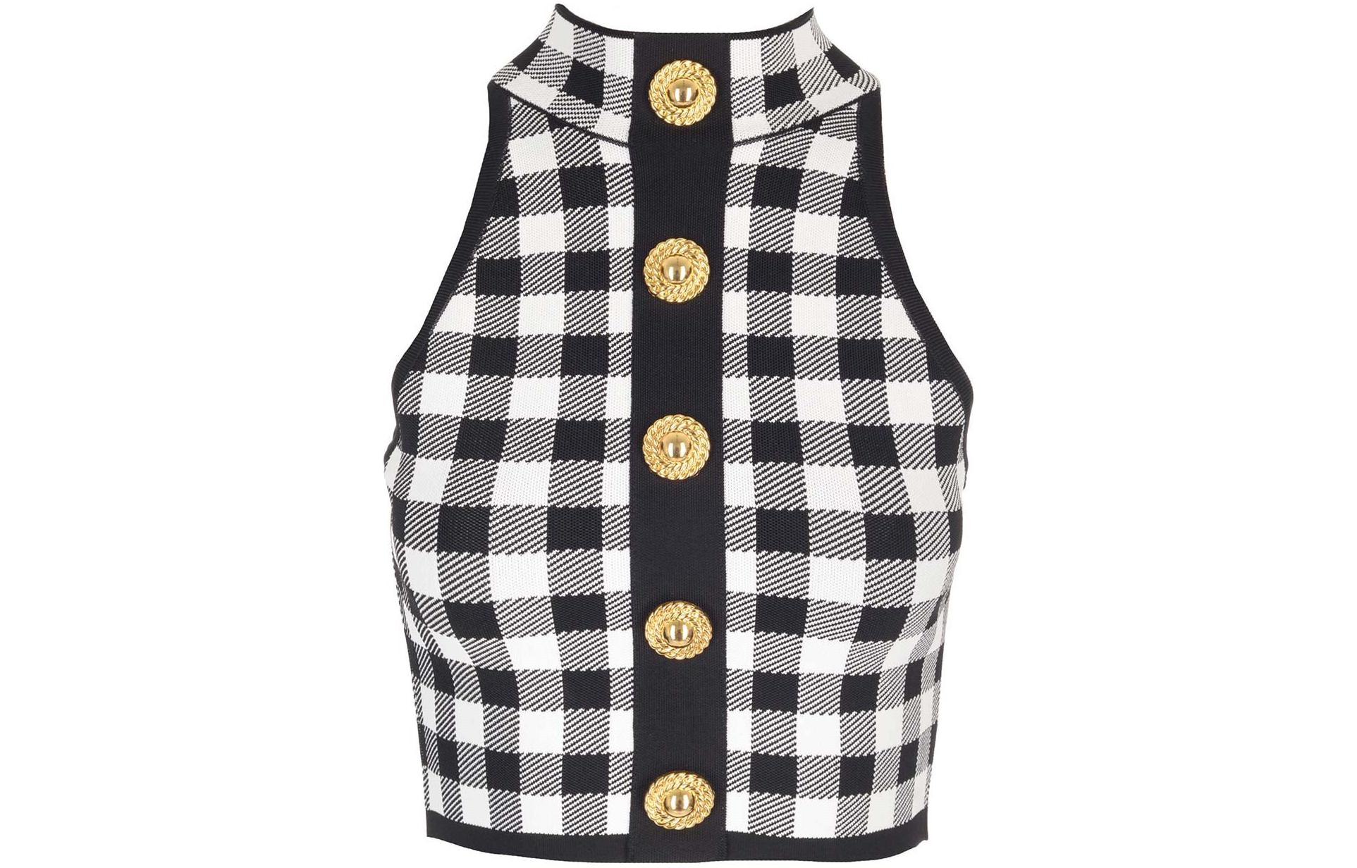 (Women) BALMAIN  Black Plaid Slim-Fit Sleeveless Single-Breasted Vest CF1AB018-KF51-EAB