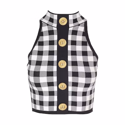 (Women) BALMAIN Black Plaid Slim-Fit Sleeveless Single-Breasted Vest CF1AB018-KF51-EAB