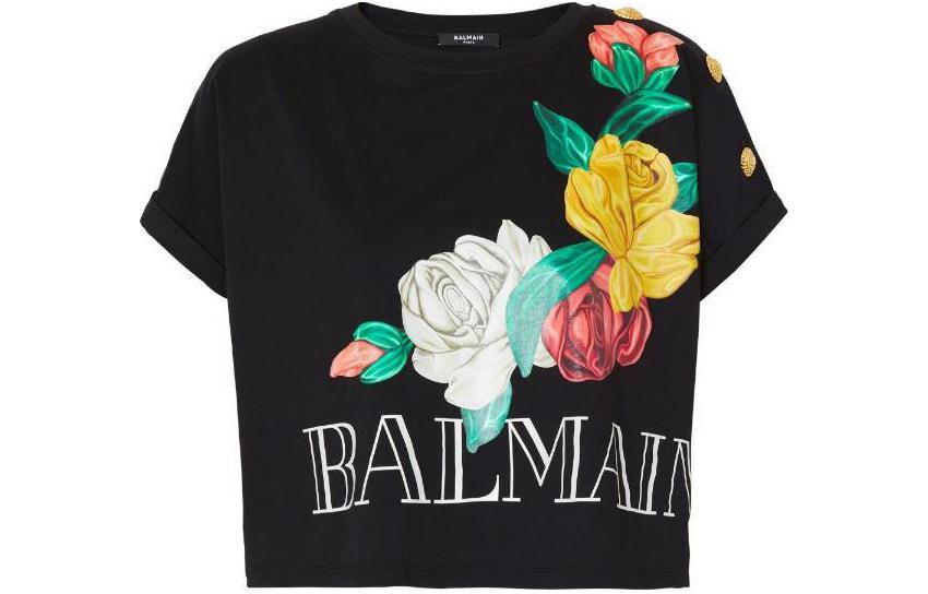 (Women) BALMAIN  Black Rose Print Short Sleeve T-Shirt. CF0EE095GD50EAH